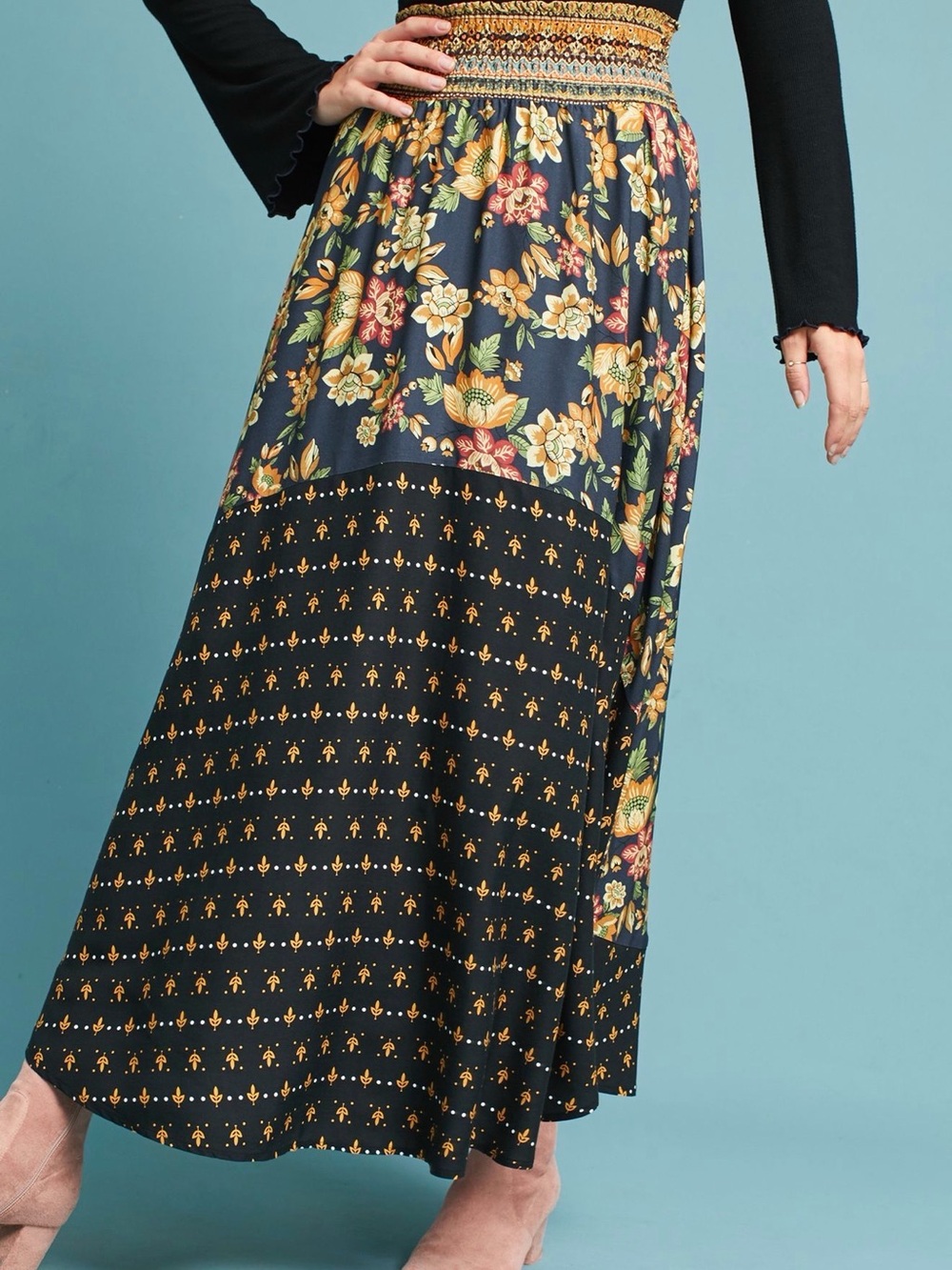 FARM Rio Black Floral Patchwork Maxi Skirt with Yellow Accents